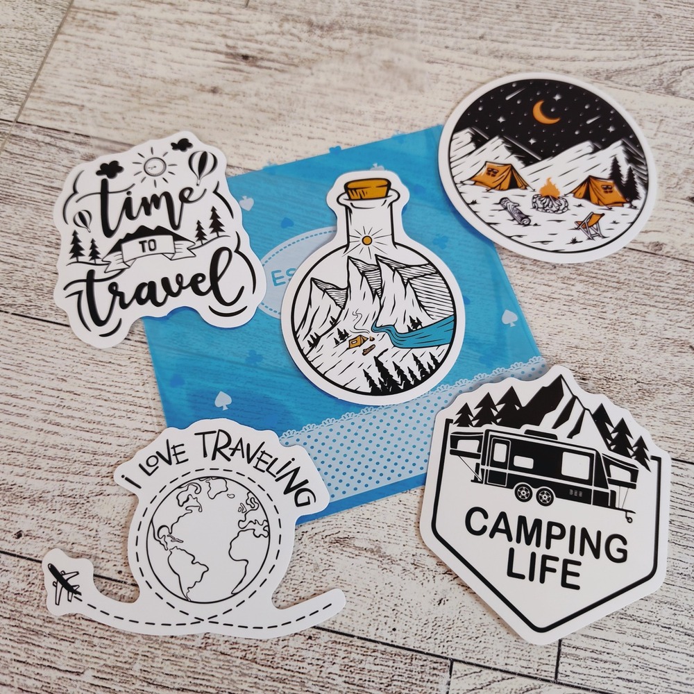 5pc Monochrome Camping Sticker Bundle - Travel Theme, RV Life & Nature Scene